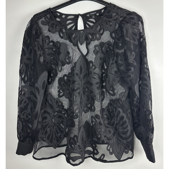 Torrid Mesh With Embroidery Long Sleeve Blouse Sheer Top Keyhole Plus Size 1 1X - Picture 2 of 12